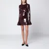Rotate Birger Christensen Bordeaux Sequin Crewneck Mini Dress With Flared Sleeves In Tech Fabric Stretch Woman In Burgundy