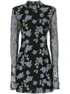 Rotate Birger Christensen Black High Neck Mini Dress With Semi Sheer Sleeves And All-over Floral Motif In Tech Fabric Woman In Black Comb