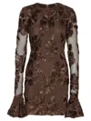 Rotate Birger Christensen Brown Crewneck Mini Dress With Flared Long Sleeves In Tech Fabric Stretch Woman In Brown