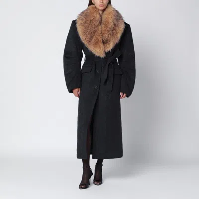 Rotate Birger Christensen Rotate Anatta Lungo Long Jacket With Faux Fur Collar In Blue