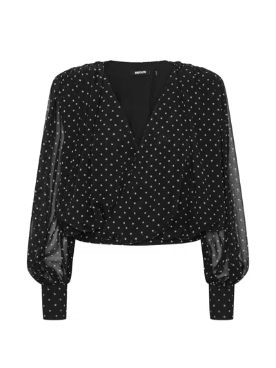 Rotate Birger Christensen Rotate Floral Print Long-sleeved Blouse With Voluminous Sheer Sleeves In Black