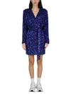 Rotate Birger Christensen Mini Blue Wrap Dress With All-over Sequins In Stretch Polyester