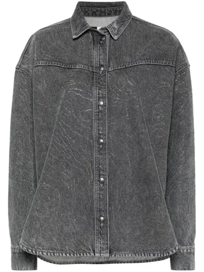 Rotate Birger Christensen Denim Shirt With Rhinestones In Grey