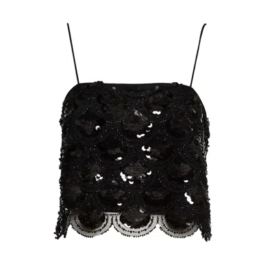 Rotate Birger Christensen Rotate Black Crop Top With Scalloped Sequin Embellishment