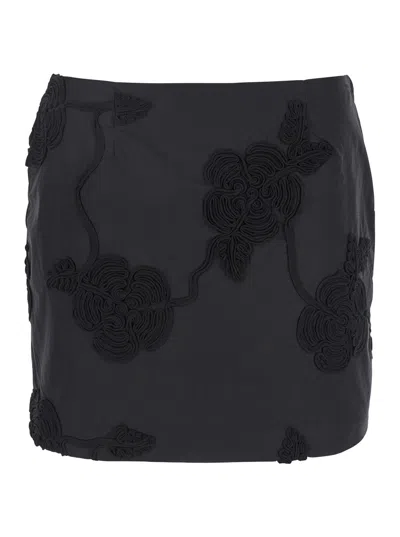 Rotate Birger Christensen Rotate Black Mini Skirt With 3d Floral Details Applied All-over In Cotton Woman