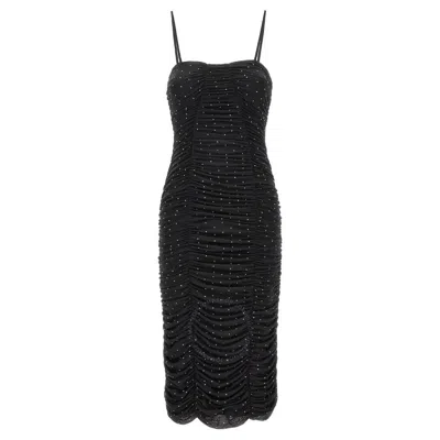 ROTATE BIRGER CHRISTENSEN ROTATE BLACK RUCHED CRYSTAL MESH MIDI DRESS