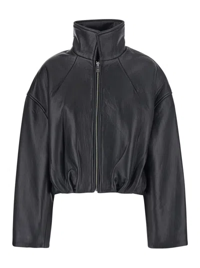 Rotate Birger Christensen Rotate Boxy Leather Oversized Jacket With Dropped Shoulders And High Collar For Women In Black