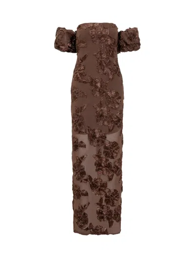 ROTATE BIRGER CHRISTENSEN ROTATE BIRGER CHRISTENSEN ROTATE BROWN LONG DRESS WITH EMBOSSED FLOWERS