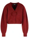 Rotate Birger Christensen Rotate Cropped Burgundy Sweater With Deep V-neckline And Floral Embellishment In Burgundy