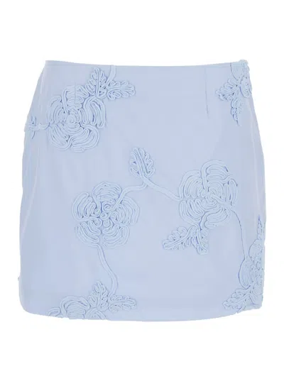 Rotate Birger Christensen Light Blue Cotton Mini Skirt With 3d Floral Embroidery