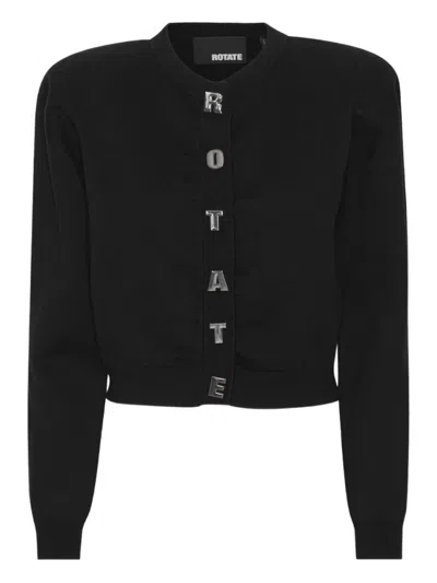 Rotate Birger Christensen Rotate Cropped Black Sweater With Padded Shoulders And Button Embellishments