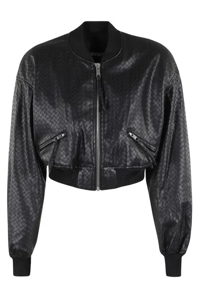 Rotate Birger Christensen Rotate Cropped Braided Bomber Jacket In Black