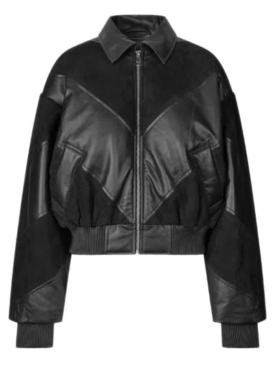 Rotate Birger Christensen Rotate Cropped Mini Leather Bomber Jacket With Contrasting Leather And Suede Panels In Nero