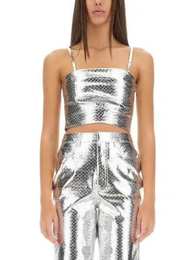 Rotate Birger Christensen Rotate Cropped Silver Top With Textured Reptilian Design