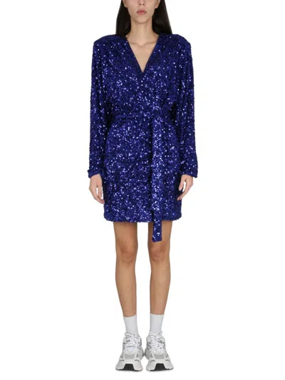 Rotate Birger Christensen Rotate Deep V-neck Sequined Evening Dress With Adjustable Belt In Blue