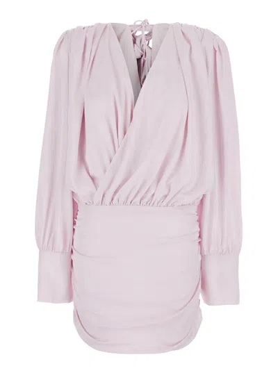 Rotate Birger Christensen Rotate Deep V-neck Draped Mini Dress In Silk With Ruffled Skirt In Pink
