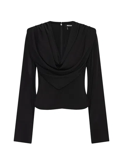 Rotate Birger Christensen Rotate Draped Neckline Long-sleeve Blouse With Back Zip Closure In Nero