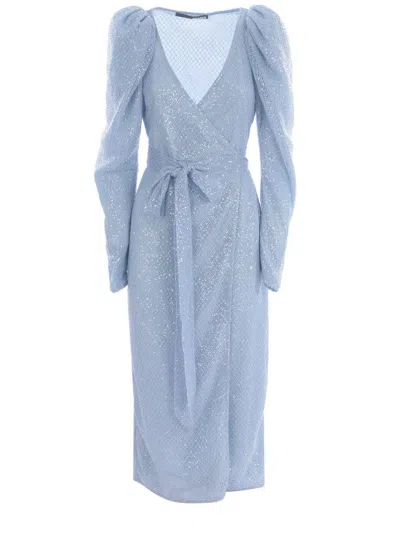 Rotate Birger Christensen Sequined Wrap Midi Dress With Balloon Sleeves In Blue