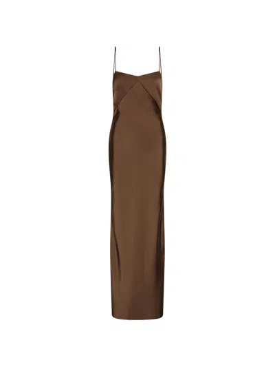 Rotate Birger Christensen Rotate Elegant Long Satin Dress With V-neck And Thin Straps - Size Available In Brown