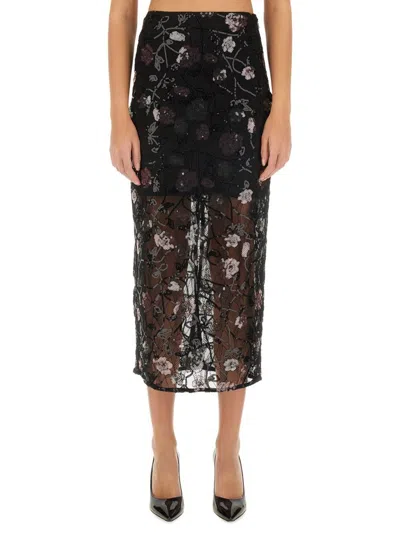 Rotate Birger Christensen Rotate Floral Embroidered Midi Skirt In Black