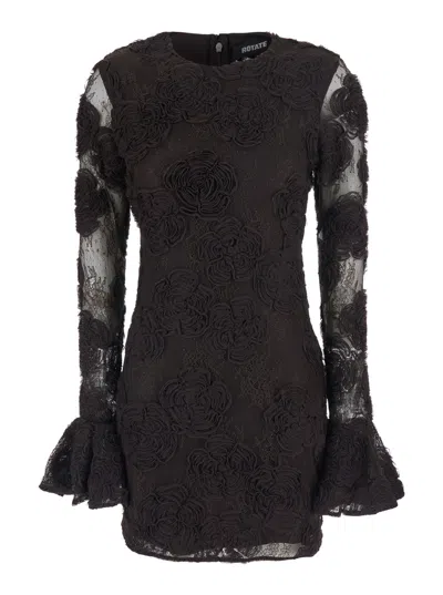 Rotate Birger Christensen Rotate Floral Embroidered Mini Dress With Flared Long Sleeves And Back Zip In Black