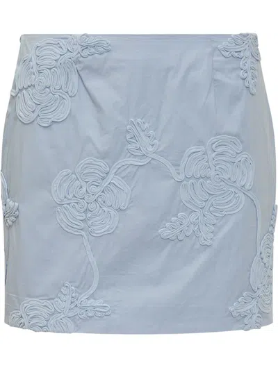 Rotate Birger Christensen Rotate Light Blue Mini Skirt With Low Waist And All-over Floral Motif In Cotton Woman