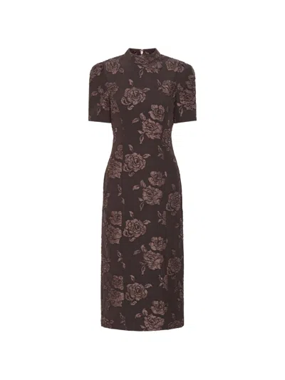 Rotate Birger Christensen Rotate Floral High Neck Jacquard Midi Dress In Marrone