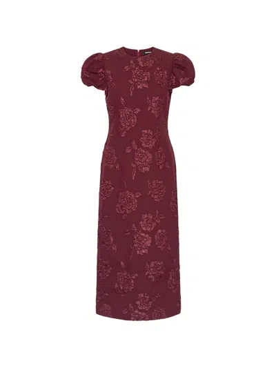 Rotate Birger Christensen Rotate Floral Jacquard Fitted Midi Dress With Short Puff Sleeves In Pink