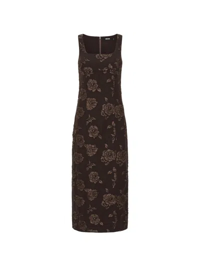 Rotate Birger Christensen Rotate Floral Jacquard Sleeveless Midi Dress With Square Neckline In Brown