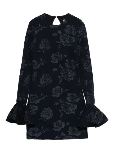 Rotate Birger Christensen Rotate Floral Mini Dress With Long Sleeves And Back U-neck Button Closure In Black