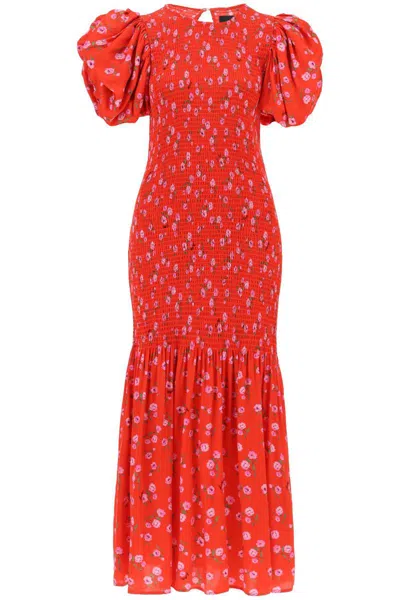 Rotate Birger Christensen Rotate Floral Printed Maxi Dress With Puffed Sleeves In Satin Fabric In 红色的