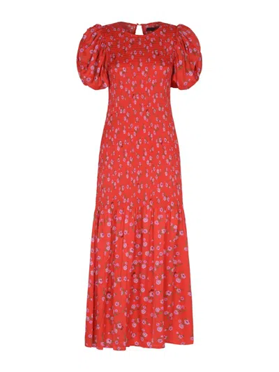 Rotate Birger Christensen Rotate Floral Printed Puff Sleeve Midi Dress In Red