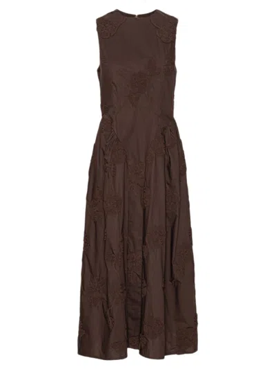 Rotate Birger Christensen Rotate Floral-embroidered Sleeveless A-line Midi Dress In Brown