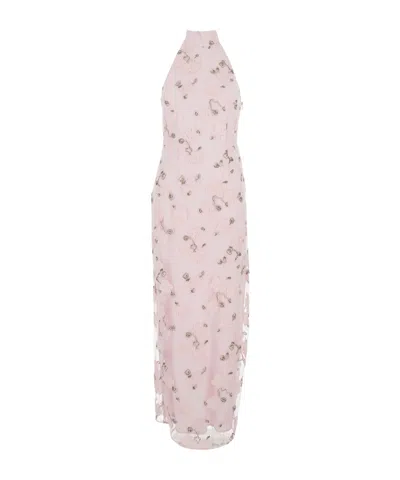 Rotate Birger Christensen Rotate Flower Beads High Neck Maxi Dress In Pink