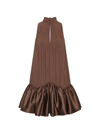 Rotate Birger Christensen Rotate Gathered Mini Dress Sleeveless High Neck Ruffled Hem Tied Bow Back Slit In Marrone