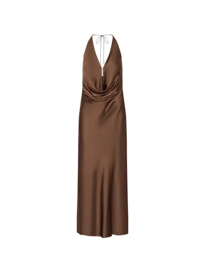Rotate Birger Christensen Rotate Halter Neck Long Dress With Deep V-neck And Open Back In Brown