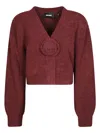 Rotate Birger Christensen Rose-embellished Puff-sleeve Cardigan In Burgundy