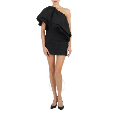 Rotate Birger Christensen Mini Black One-shoulder Pleated Dress With Oversized Volant In Taft