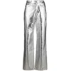Rotate Birger Christensen Rotie Metallic Croc-effect Coated Faux Leather Wide-leg Pants In Silver Tone