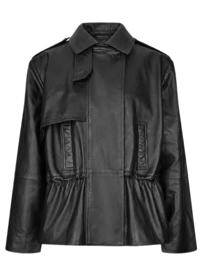 Rotate Birger Christensen Rotate Lamb Leather Peplum Waist Asymmetric Mini Jacket In Black