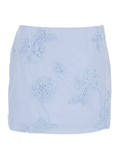 Rotate Birger Christensen Rotate Light Blue Mini Skirt With Low Waist And All-over Floral Motif In Cotton Woman In Multicolor