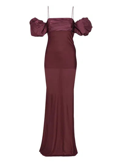 Rotate Birger Christensen Rotate Long Dress With Removable Puff Sleeves And Back Zip Closure In Burgundy