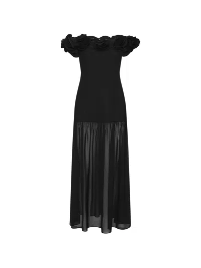 Rotate Birger Christensen Rotate Long Off-the-shoulder Dress With Floral Details And Sheer Skirt In Black