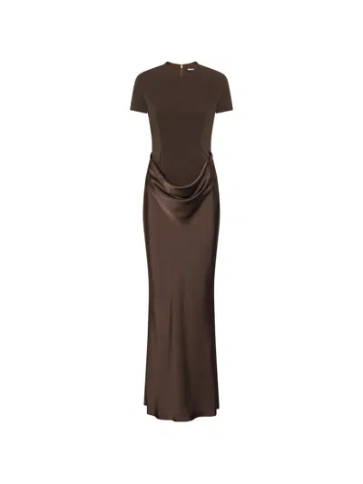 Rotate Birger Christensen Rotate Long Short-sleeve Dress With Fitted Bodice And Draped Hips In Brown