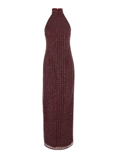Rotate Birger Christensen Rotate Long Sleeveless Halterneck Sequin Dress In Tech Fabric In Burgundy