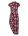 Rotate Birger Christensen Rotate Asymmetric Red Dress With Floral Embroidery And Short Sleeves In Brown