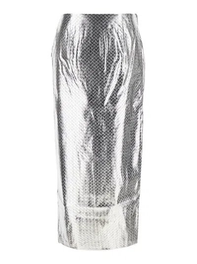 Rotate Birger Christensen Metallic Midi Pencil Skirt With Rear Single Slit And Embossed Design In Tech Fabric Woman In Silver