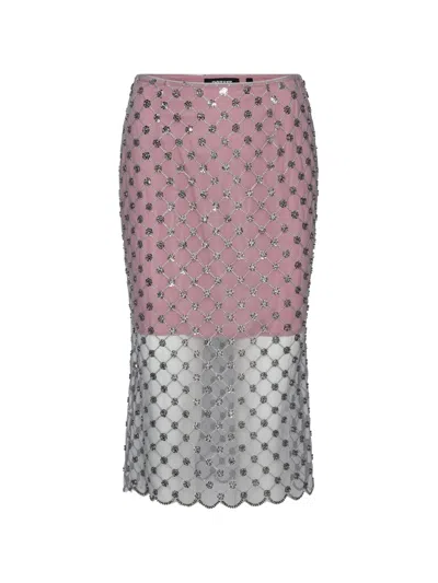 Rotate Birger Christensen Rotate Midi Sequin Skirt With Flower-shaped Embellishment And Transparent Hem In Pink
