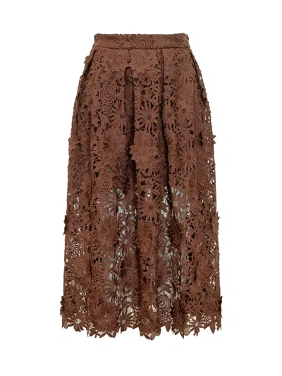 Rotate Birger Christensen Rotate Midi Skirt With Floral Embroidery In Potting Soil