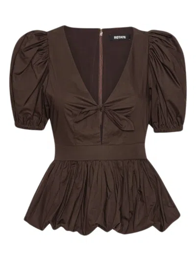 Rotate Birger Christensen Rotate Mini Organic Cotton Puff Sleeve Top With Fitted Waist In Brown